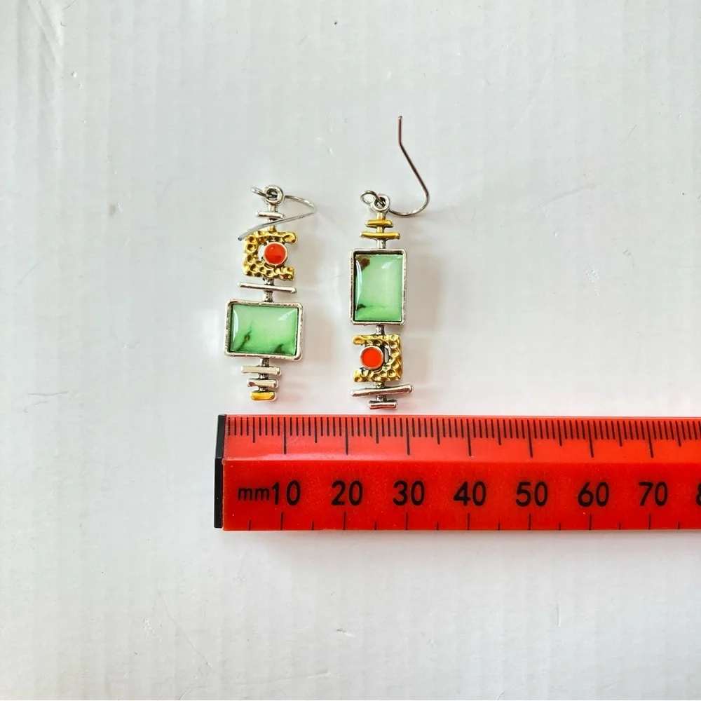 BNWT Green Onyx Marble Effect Geometric Silver Back Earrings - Chic & Versatile - Picture 8 of 10